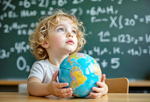 A young child holding a small globe and gazing upward, symbolizing a curiosity in the classroom