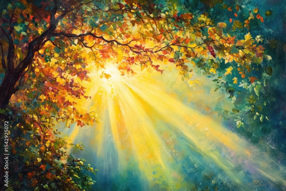 Poster Sunlight streams through foliage creating a warm autumn glow in a tranquil forest, first rays of the sun break through the foliage