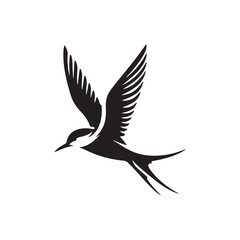 Graceful Tern Silhouette Vector Art – Sleek Seabird in Flight with Long Wings and Forked Tail, Minimal Black Outline for Coastal Themes, Nature Logos, and Marine Decor


