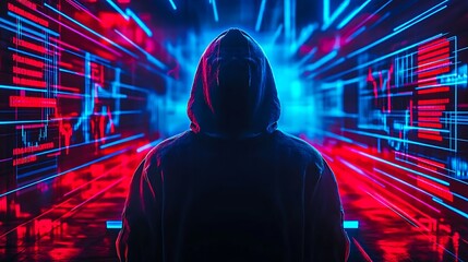 Obraz premium Hooded hacker standing in digital cyberspace with red and blue data lights