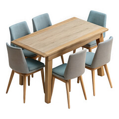 Fototapeta premium Modern light wood dining table set with six light blue chairs isolated on transparent background