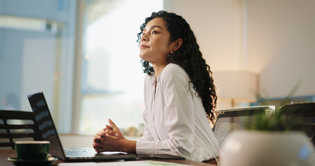 Business woman, thinking and laptop in office for legal research, case preparation or drafting will. Attorney, female person and advocate at law firm for court review, lawsuit idea or legislation