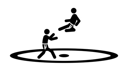 Set of stick figures, karate martial art, black silhouettes on white background, flat vector illustration.