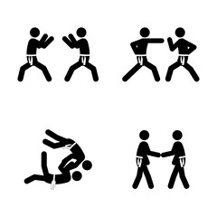 Set of stick figures, karate martial art, black silhouettes on white background, flat vector illustration.