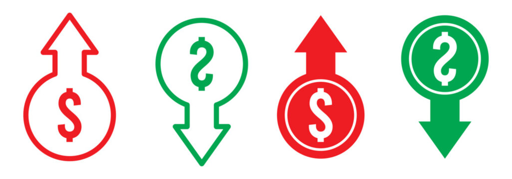 Dollar increase and decrease vector icons. Cost reduce increases and decreases icon set. profit and lose money vector icons.
