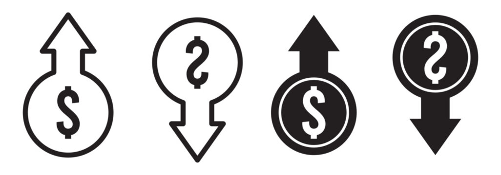 Dollar increase and decrease vector icons. Cost reduce increases and decreases icon set. profit and lose money vector icons.