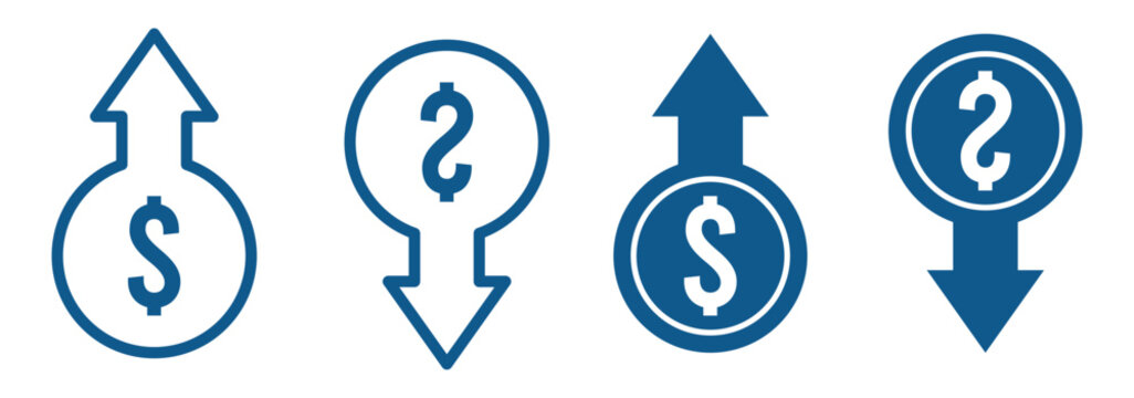Dollar increase and decrease vector icons. Cost reduce increases and decreases icon set. profit and lose money vector icons.