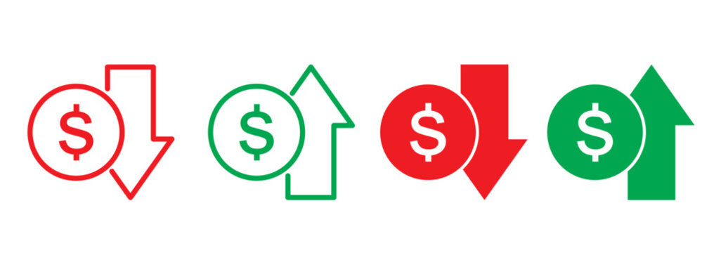 Dollar increase and decrease vector icons. Cost reduce increases and decreases icon set. profit and lose money vector icons.