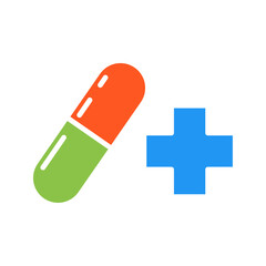 Flat icon of capsule and cross. This icon is ideal for use in healthcare apps, pharmacy websites, medical infographics, and drug-related educational materials.