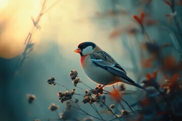 Fototapeta premium European Goldfinch perched gracefully on a branch at sunset in a tranquil natural setting, European goldfinch, Carduelis carduelis A colorful songbird sits on a branch