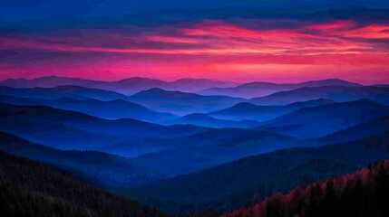 Fototapeta premium Blue mountain range with layers and colorful sky at dusk scenic view