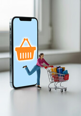 Tiny woman shopping online on smartphone