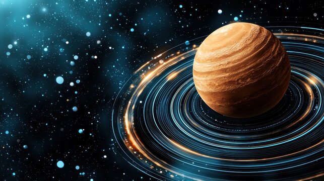 Orange Planet with Glowing Blue Rings in Dark Space
