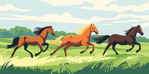 flat ilustration design style image of horses running in a green field 