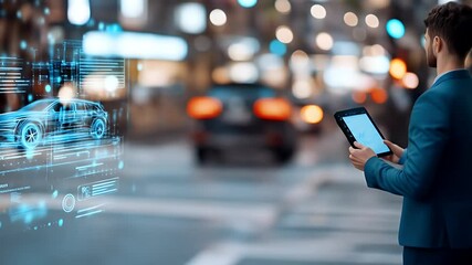 A person in a suit views a digital car model on a tablet in a city at night - Powered by Adobe