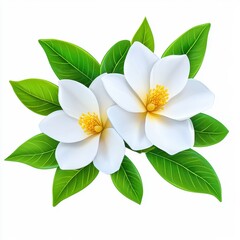 Naklejka premium Two White Magnolia Blossoms with Green Leaves on White Background