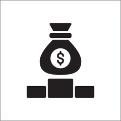 Money pouch in top of podium icon. Bounty prize icon. Icon symbol of win, victory, achievement, reward, prize. Vector illustration