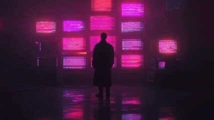 Abstract figure watches glitching tv screens in futuristic digital surveillance neon night - Powered by Adobe