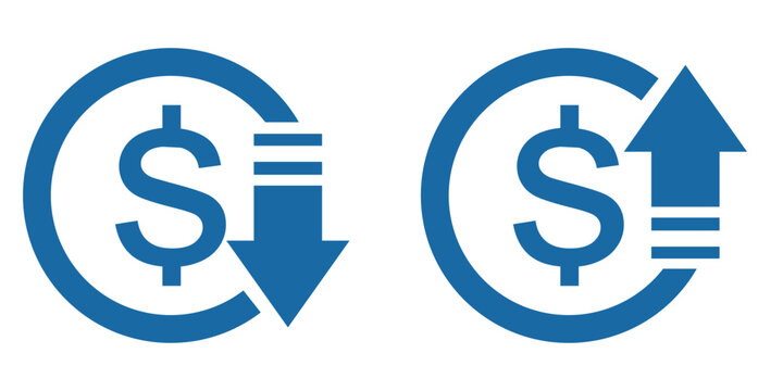 Money increase or decrease icon set. dollar decrease increase symbol. profit and lose signs. Set of cost  reduction up and down icon. Money vector symbol isolated on background. 