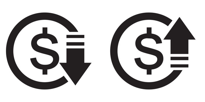 Money increase or decrease icon set. dollar decrease increase symbol. profit and lose signs. Set of cost  reduction up and down icon. Money vector symbol isolated on background. 