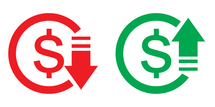 Money increase or decrease icon set. dollar decrease increase symbol. profit and lose signs. Set of cost  reduction up and down icon. Money vector symbol isolated on background. 