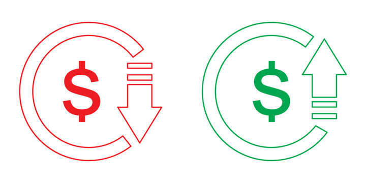Money increase or decrease icon set. dollar decrease increase symbol. profit and lose signs. Set of cost  reduction up and down icon. Money vector symbol isolated on background. 