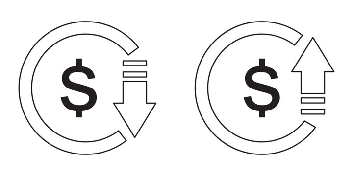 Money increase or decrease icon set. dollar decrease increase symbol. profit and lose signs. Set of cost  reduction up and down icon. Money vector symbol isolated on background. 