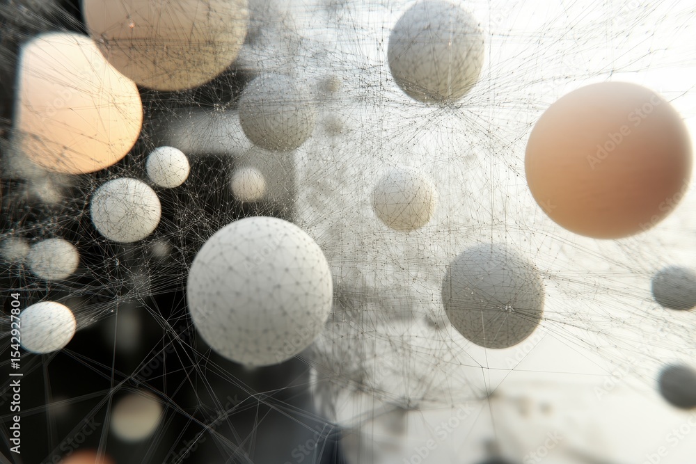 Poster network of connections with spheres in motion illustrating complex interactions and relationships, n