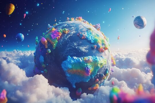 Vibrant anamorphic depiction of Earth amidst surreal cosmic elements in a colorful atmosphere, Anamorphic video 3d illustration of the planet Earth from space