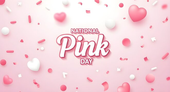 National Pink Day design with hearts and confetti on pink background