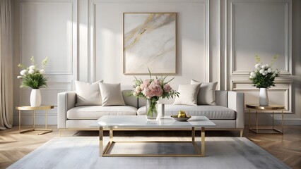 Living room with white sofa marble table and floral arrangements art piece