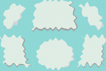 This abstract image features jagged, cloud-like white patches on a soft aqua blue background, with layered gray shadows giving a cut-out paper or 3D terrain effect to each shape.
