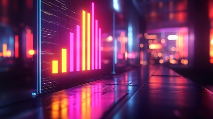 A digital 3D bar chart floating in a high-tech control room 
