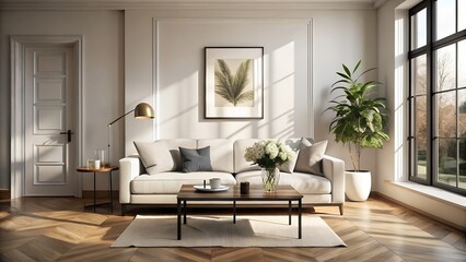 A bright living room with white sofa, coffee table, and potted plant