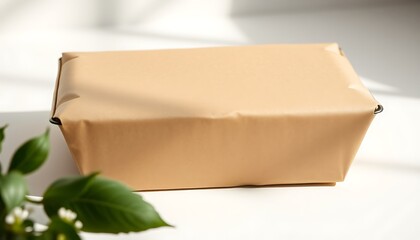 Brown box wrapped in plain paper with leaves, rests on white surface in gentle light setting