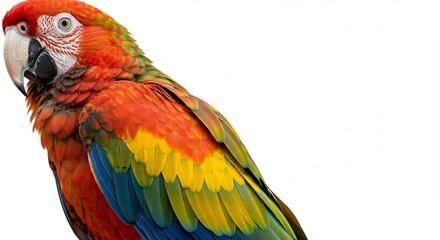 Obraz premium Vibrant Scarlet Macaw feathers shine brightly against pure white background. AI Generated