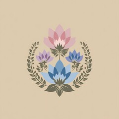 A simple illustration of a flower in pastel pink, pastel blue, and lavender colors on a light brown background