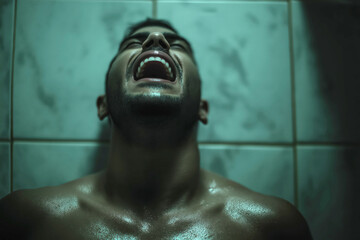 screaming adult man masturbating to orgasm on shower cabin. Concept of male sex and self-satisfaction
