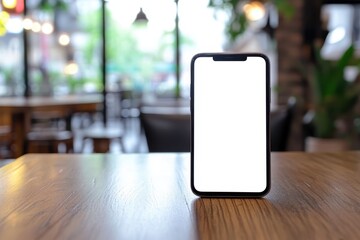 Mobile phone positioned upright on a wooden table in a bustling cafe setting with greenery visible outside, The mobile phone is slightly raised above the wooden table, showing the screen