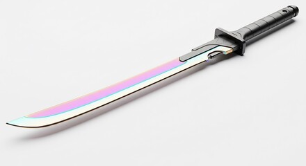 Sleek iridescent katana sword gleams under soft studio lighting. AI Generated