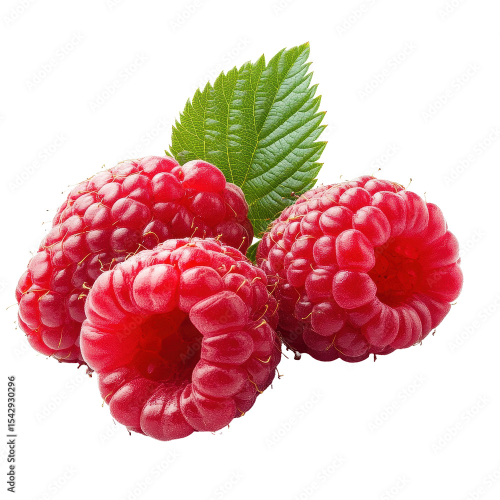 Poster fresh ripe raspberries arranged on a transparent background with a green leaf for an appetizing disp