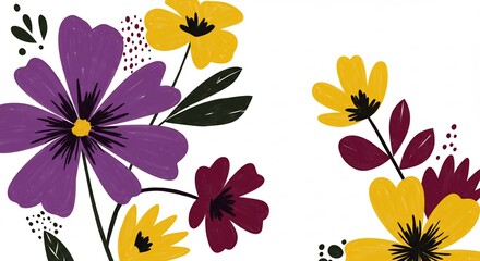Vibrant purple yellow flowers bloom brightly against white background showcasing a bold graphic aesthetic. AI Generated