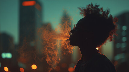 夜景に映える煙のシルエット