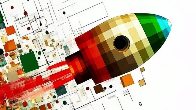Pixelated rocket is launching, leaving a trail of vibrant, multicolored squares, symbolizing innovation and speed