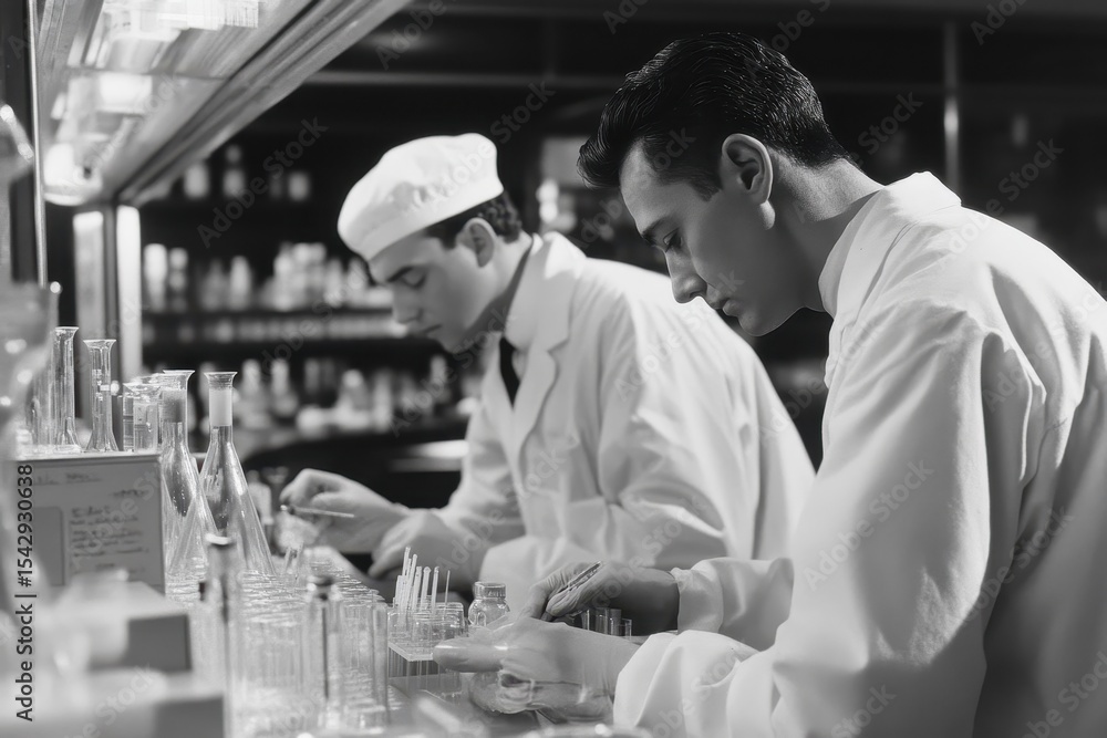 Aufkleber scientists examine control samples in laboratory setting while conducting research on chemical prope