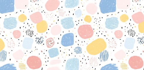 Soft pastel blue, pink, and yellow simple shapes form a pattern on a white background with small hand-drawn doodles.