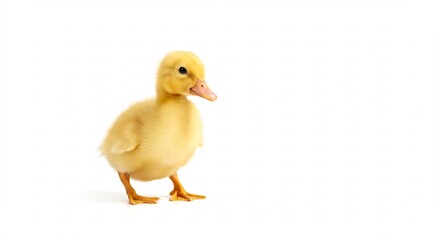Fototapeta premium Adorable fluffy duckling stands brightly lit against pure white background. AI Generated