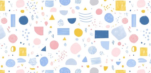 Soft pastel blue, pink, and yellow simple shapes form a pattern on a white background with small hand-drawn doodles.