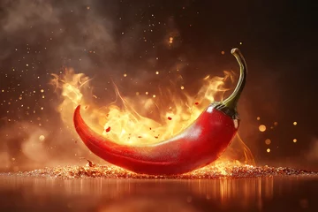 Plexiglas schilderij Hete pepers Hot chili pepper on fire, realistic photography, studio lighting, simple background  © 수동 김