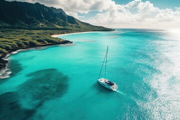 Sailboat gliding through turquoise waters near stunning Hawaiian coastline on a sunny day, Sail boat on beautiful turquoise ocean near Hawaiian island epic wide, drone shot